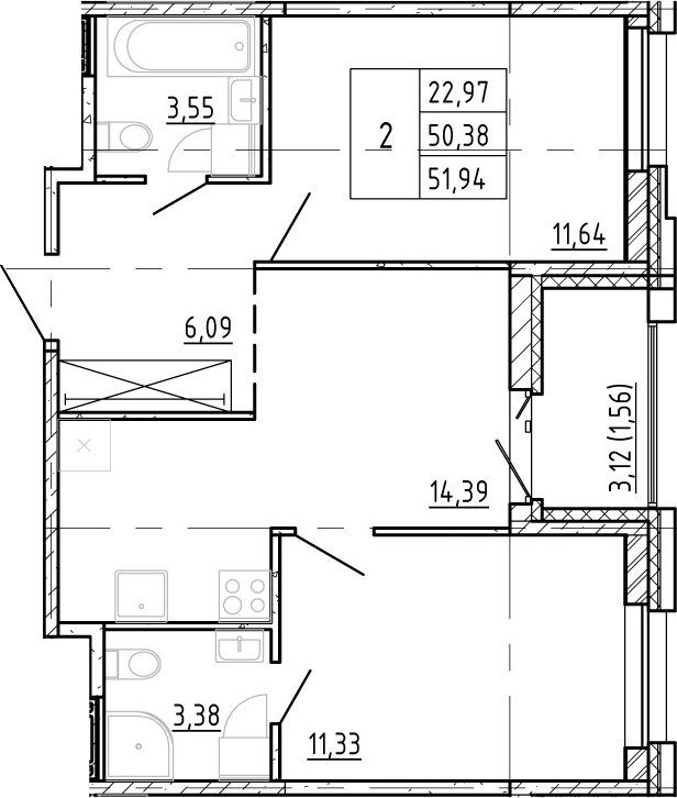 2-комнатная квартира 50.38 м², 10/12 эт., ЖК «Полис Новоселье»